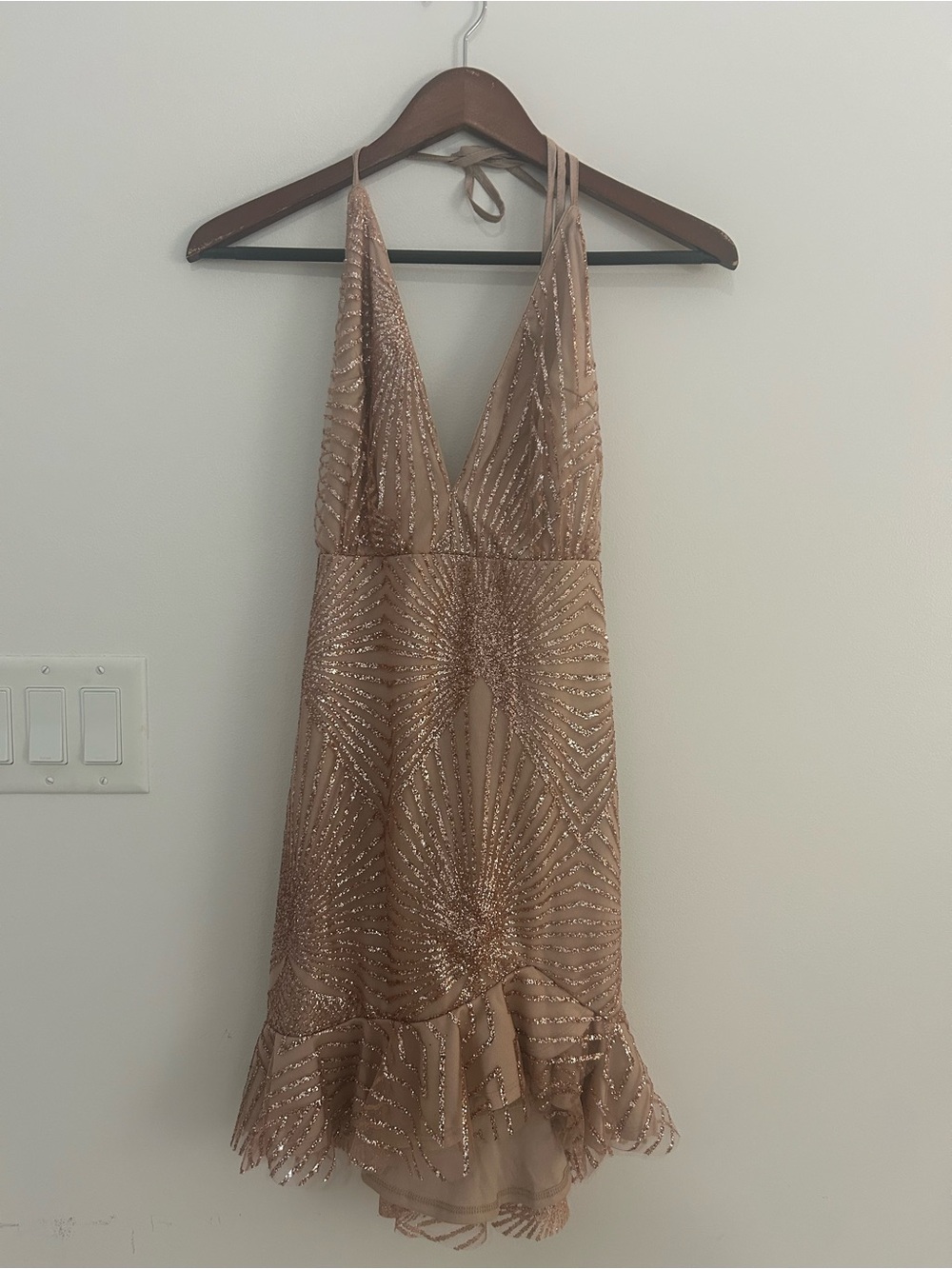 Hello Molly Womens US 8 Bronze Glitter Halter Mini Dress Open Back NWT